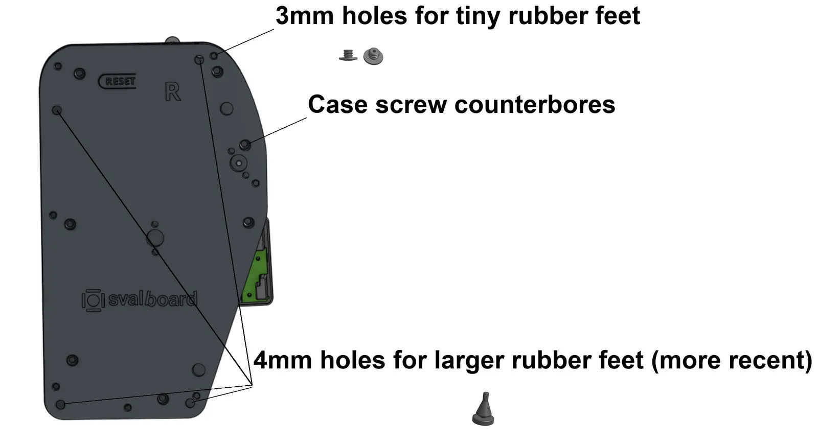 The bottom of a back case. Lines point to the 3 mm holes for the small rubber feet, the case screw counterbores, and the 4 mm holes for the larger rubber feet.