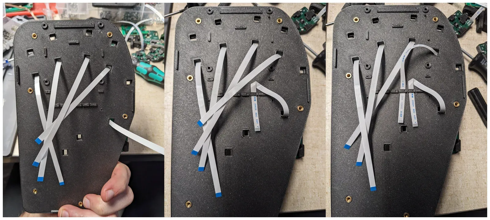 Three stages of routing the FFCs across the underside of the right base plate.