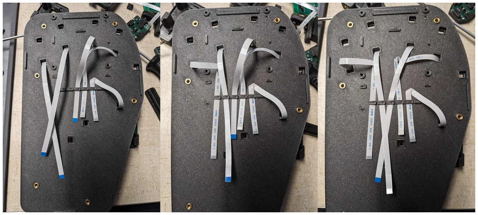 Three more stages of routing the FFCs on the right base plate, with the cables gathered toward the MCU position.