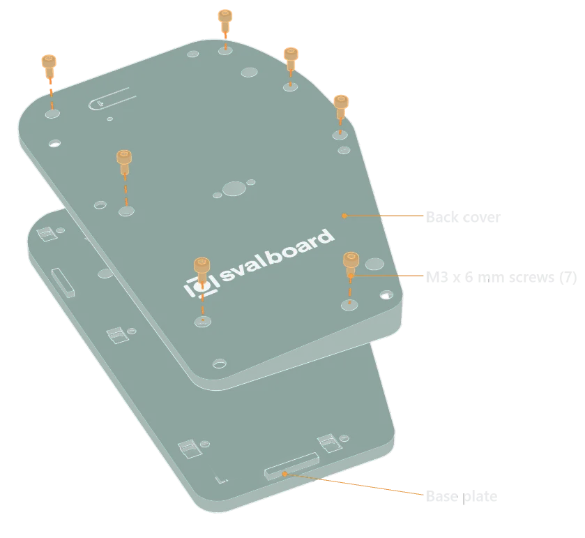 A half turned upside down and pulled apart: the back cover lifted off the base plate, with seven M3 x 6 mm screws (orange) lined up over its screw holes.