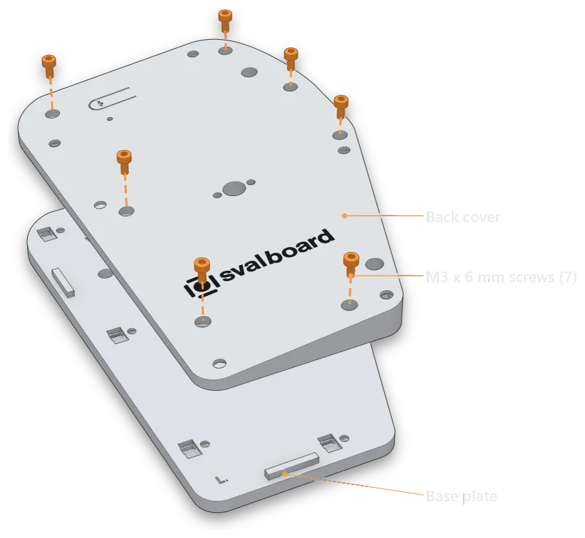 A half turned upside down and pulled apart: the back cover lifted off the base plate, with seven M3 x 6 mm screws (orange) lined up over its screw holes.
