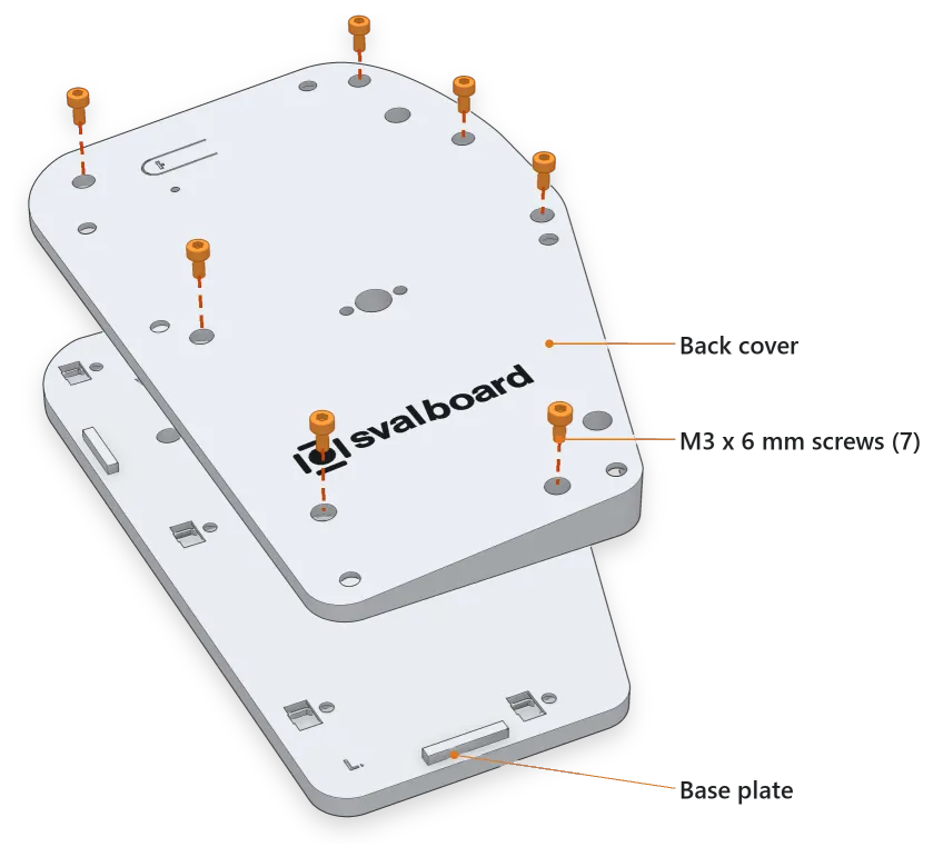 A half turned upside down and pulled apart: the back cover lifted off the base plate, with seven M3 x 6 mm screws (orange) lined up over its screw holes.