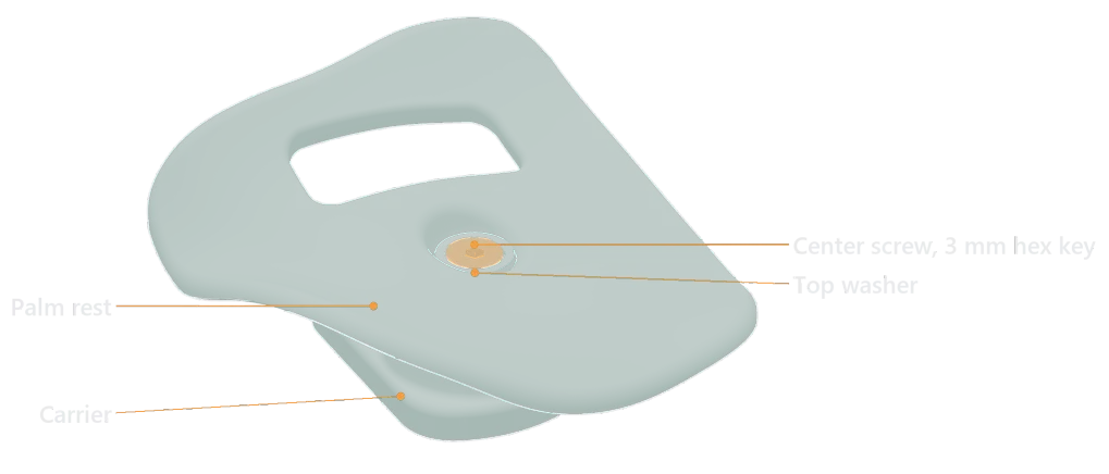 A right hemispherical palm rest on its carrier, seen from the front and above. The center screw (orange) sits in the top washer in the middle of the rest, with the window toward the finger clusters. The carrier shows under the rest.