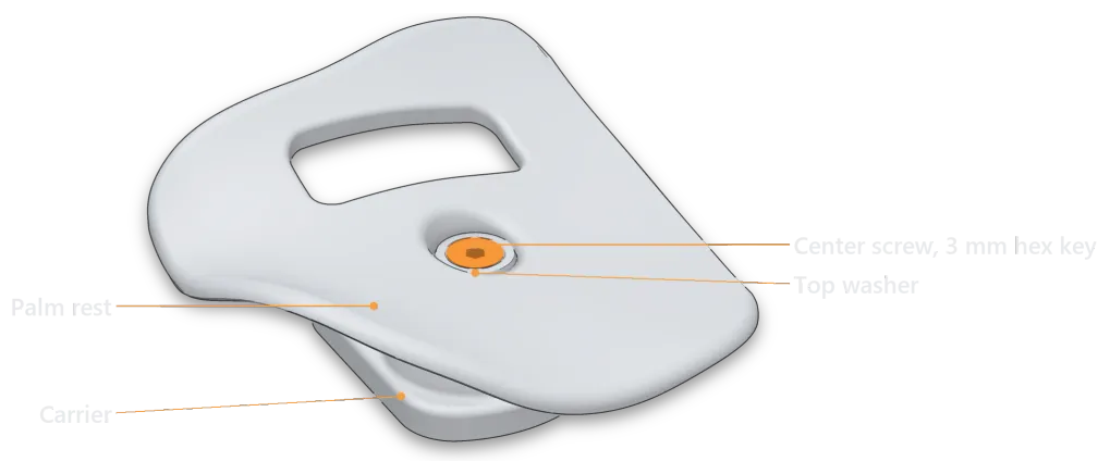 A right hemispherical palm rest on its carrier, seen from the front and above. The center screw (orange) sits in the top washer in the middle of the rest, with the window toward the finger clusters. The carrier shows under the rest.