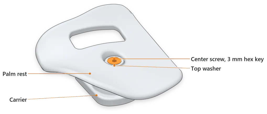 A right hemispherical palm rest on its carrier, seen from the front and above. The center screw (orange) sits in the top washer in the middle of the rest, with the window toward the finger clusters. The carrier shows under the rest.