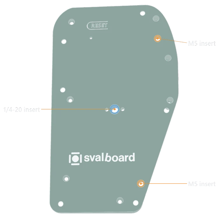 The bottom of the right back case. Two M5 inserts (orange) sit near the inner edge and a 1/4-20 insert (blue) in the middle.