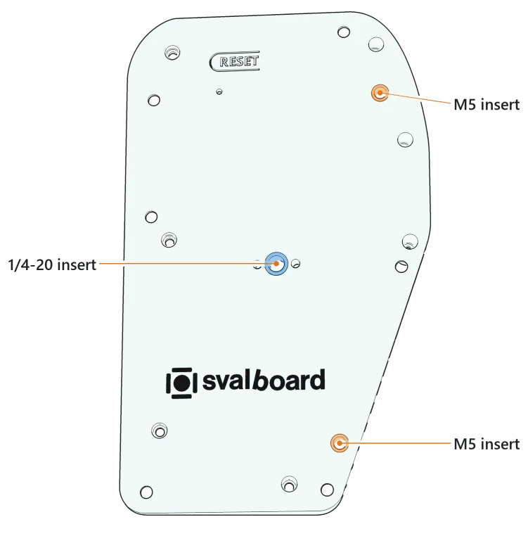 The bottom of the right back case. Two M5 inserts (orange) sit near the inner edge and a 1/4-20 insert (blue) in the middle.