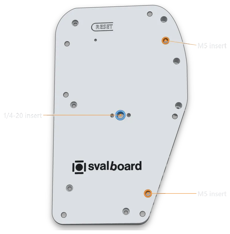 The bottom of the right back case. Two M5 inserts (orange) sit near the inner edge and a 1/4-20 insert (blue) in the middle.