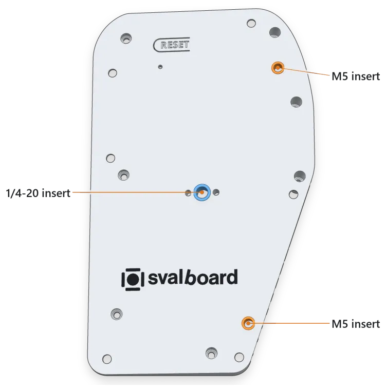 The bottom of the right back case. Two M5 inserts (orange) sit near the inner edge and a 1/4-20 insert (blue) in the middle.