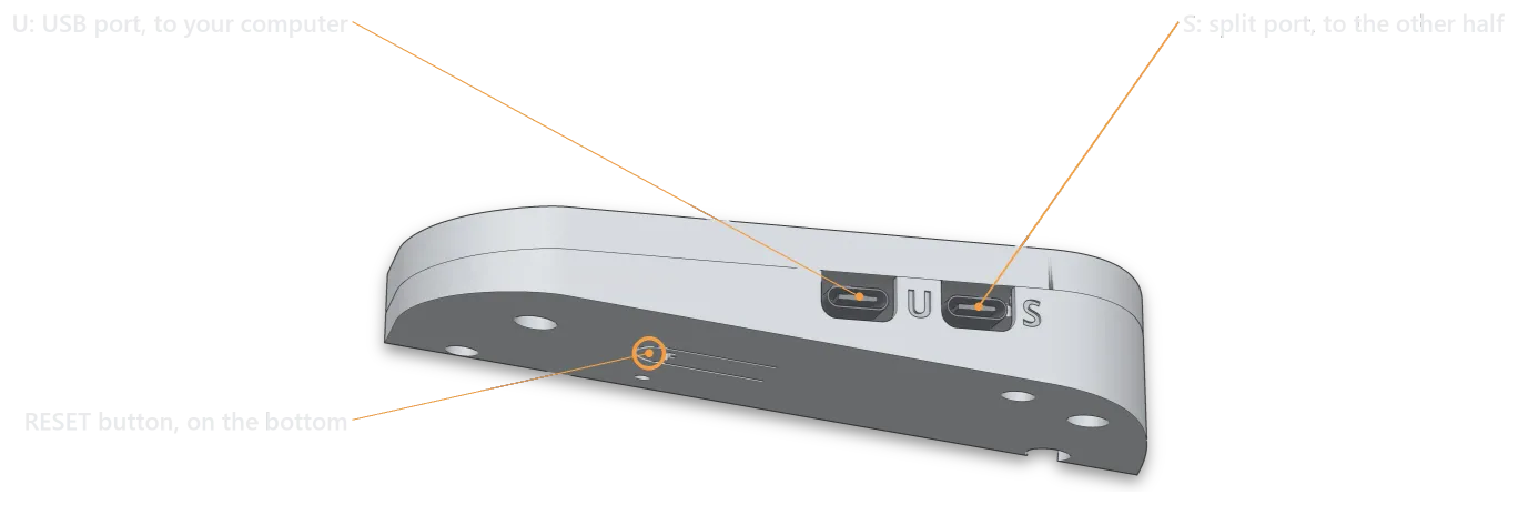 The finger end of a right half's case, from below. The U (USB) port and the S (split) port are side by side in the end wall, and the RESET button hole is in the bottom.