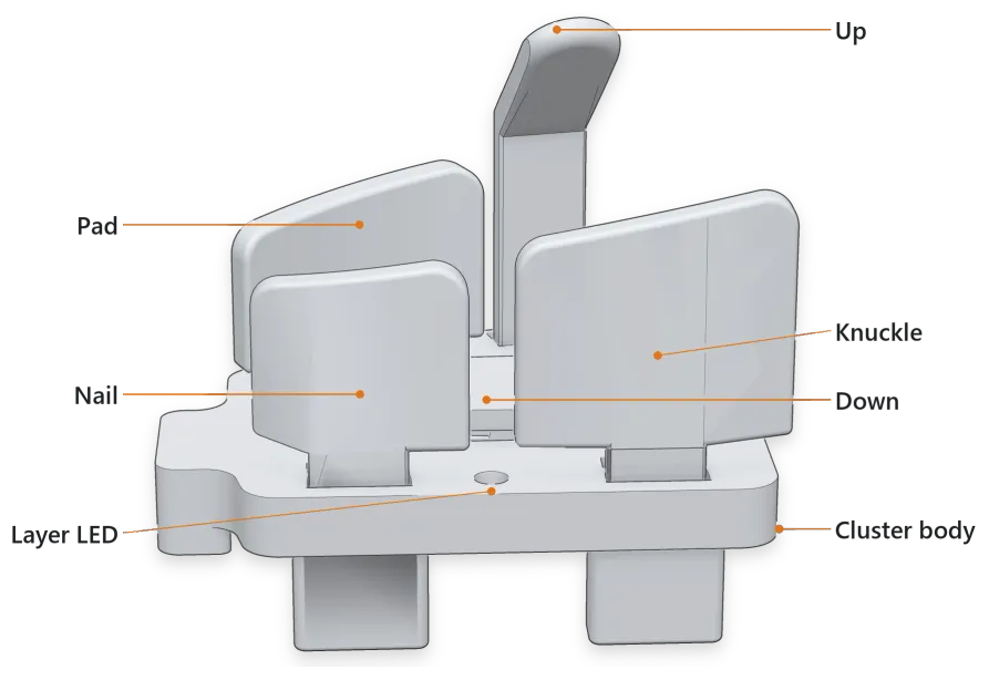 A right thumb cluster seen almost level from its outer side, keys labeled: the Nail and Knuckle keys in front, the Pad key behind, whose sloped top runs on into the Knuckle top as one line rising toward the Up key, the Up key, the Down key between them, the layer LED, and the cluster body.