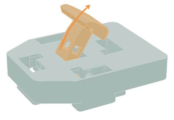 A finger cluster with its tipping Center key (orange) turned partway up and out, with a curved arrow showing the direction to rotate it.