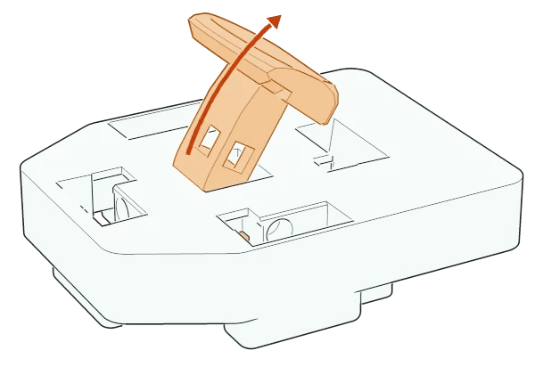 A finger cluster with its tipping Center key (orange) turned partway up and out, with a curved arrow showing the direction to rotate it.