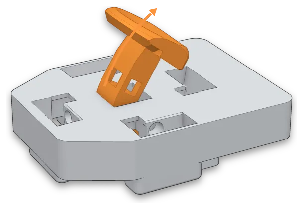 A finger cluster with its tipping Center key (orange) turned partway up and out, with a curved arrow showing the direction to rotate it.