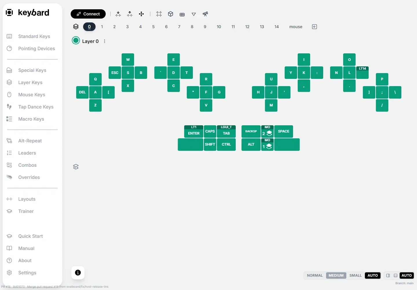 The Keybard editor: navigation on the left, the toolbar and layer tabs above the layout of both halves.