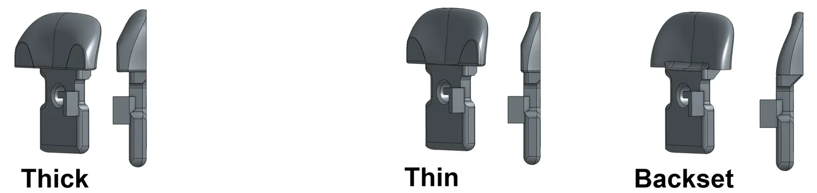 Side views of the Thick, Thin and Backset side keys.