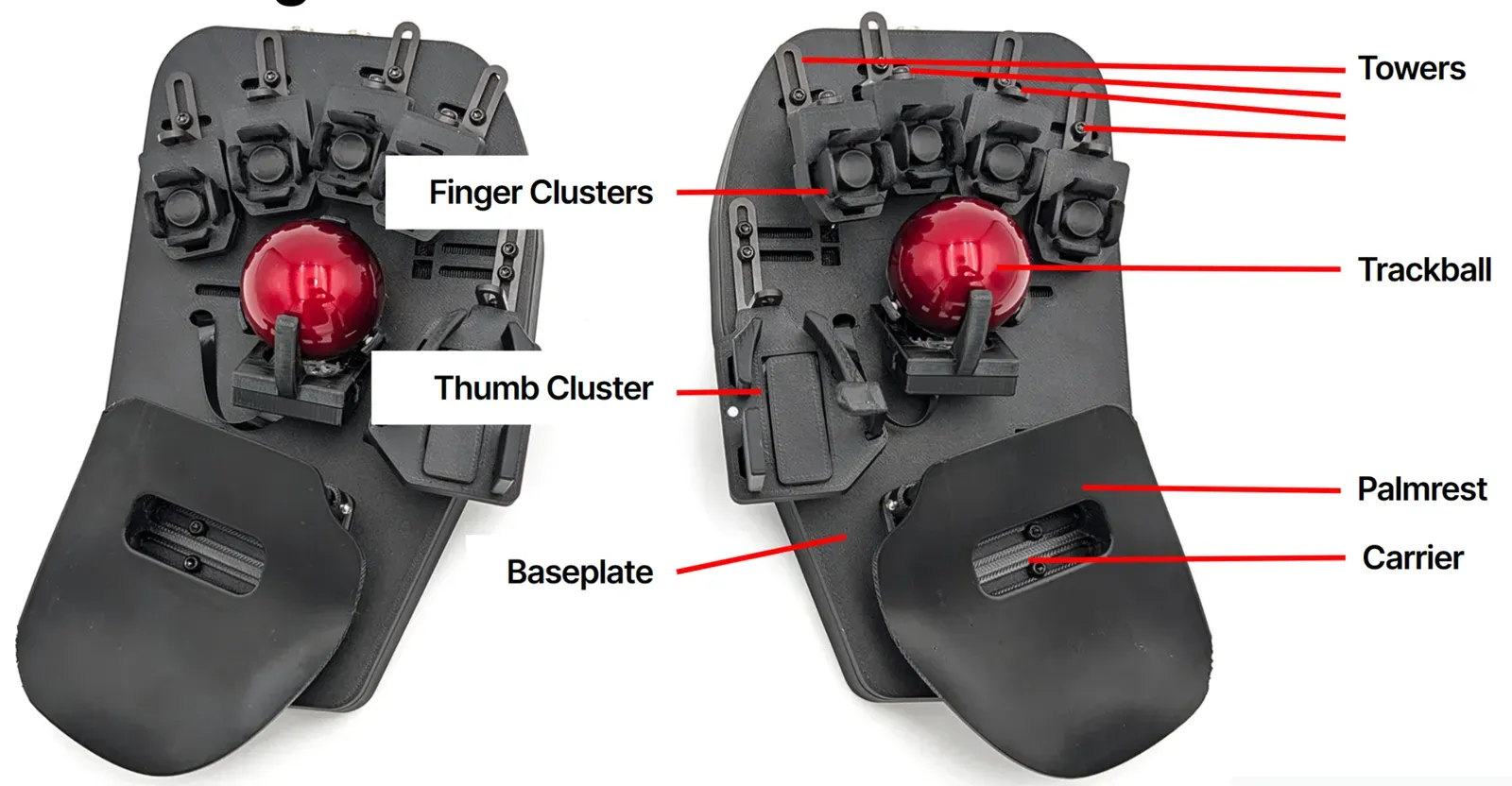 Both halves from above, labeled: towers, finger clusters, trackball, thumb cluster, palm rest, carrier and baseplate.