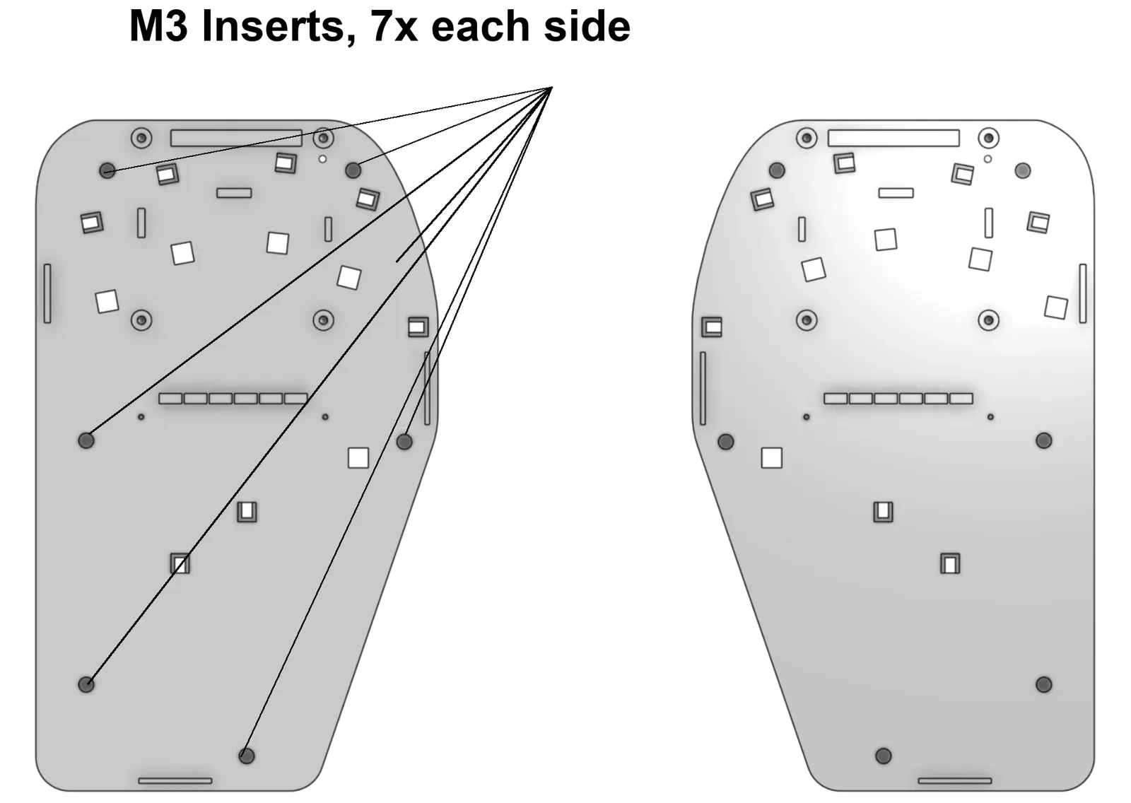 Left and right base plates. Lines point to the seven M3 insert holes on each.