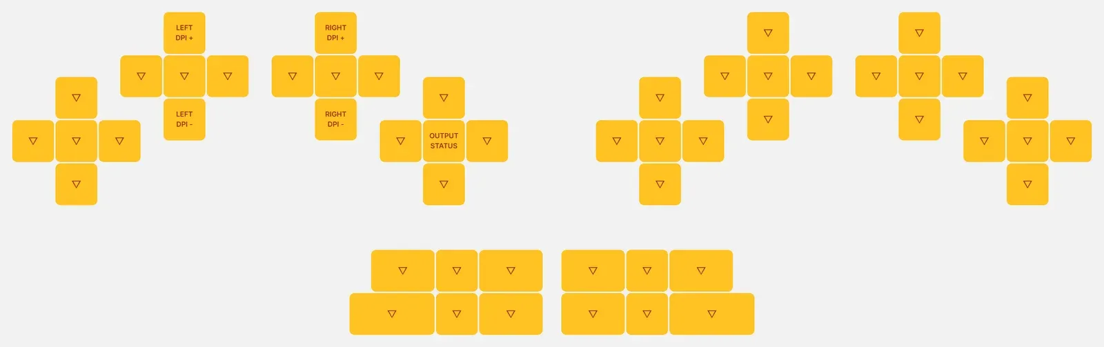 The board settings layer in Keybard: left and right pointer DPI up and down on the left middle and ring clusters, and Output Status on the left index center key.
