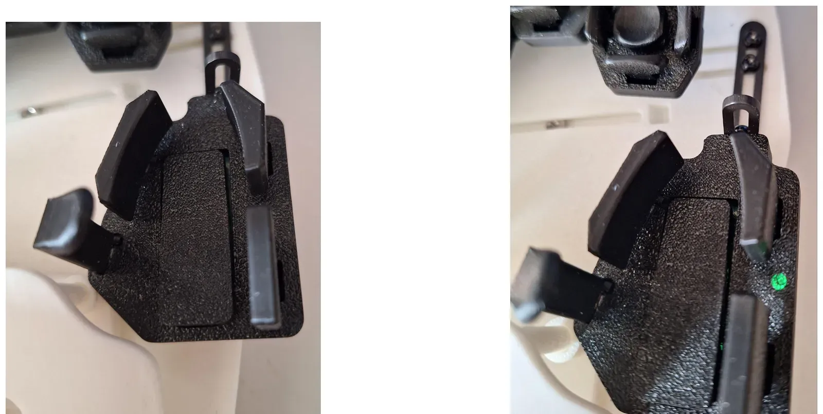 A black thumb cluster before (left) and after (right) turning up the brightness. The green layer light shows clearly after.