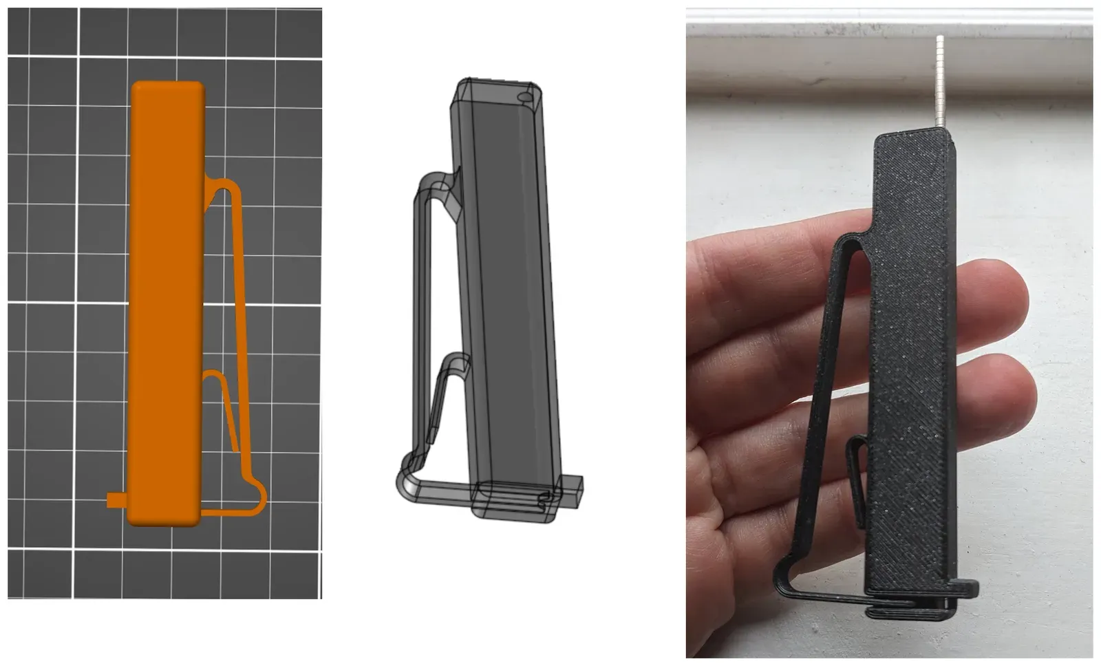 The magnet dispenser in a slicer, as a 3D model, and printed, held in a hand.