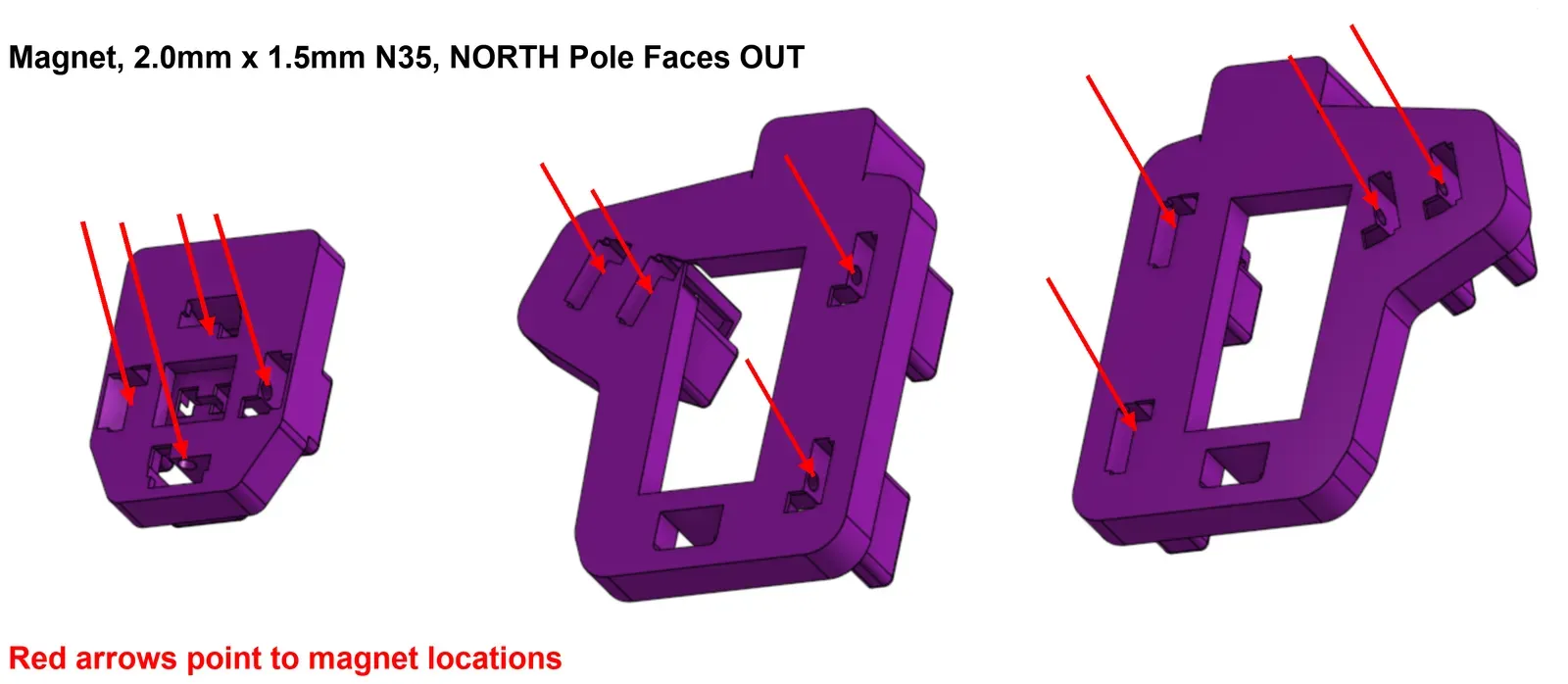 Finger clusters from the top. Red arrows point to the magnet holes.