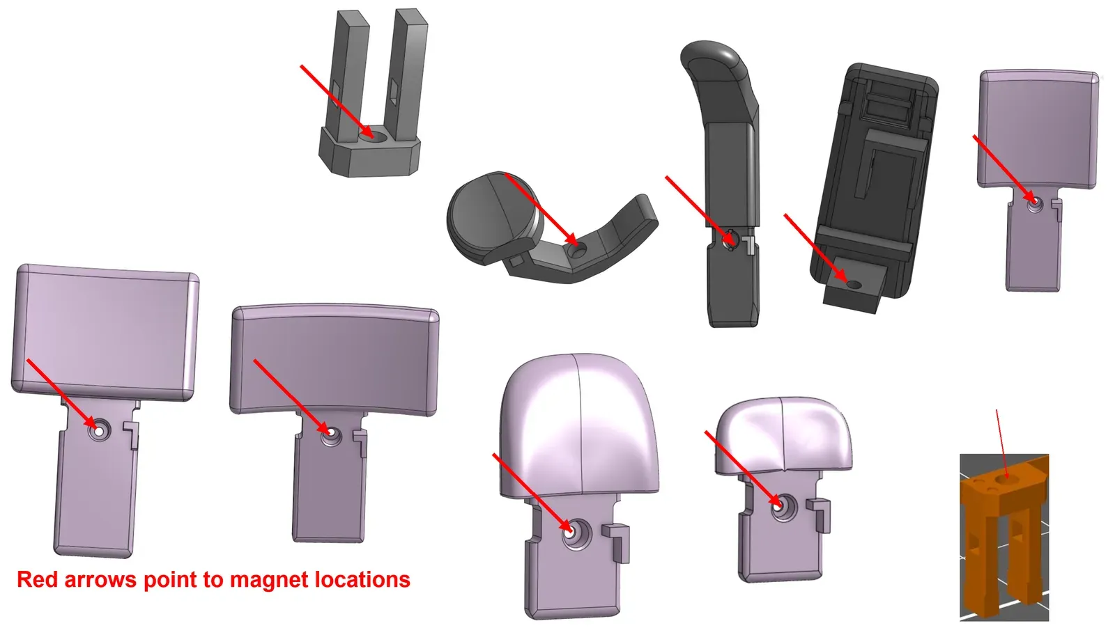 Finger and thumb keys. Red arrows point to the magnet hole in each key. The two slider parts, top left and bottom right, are deprecated.