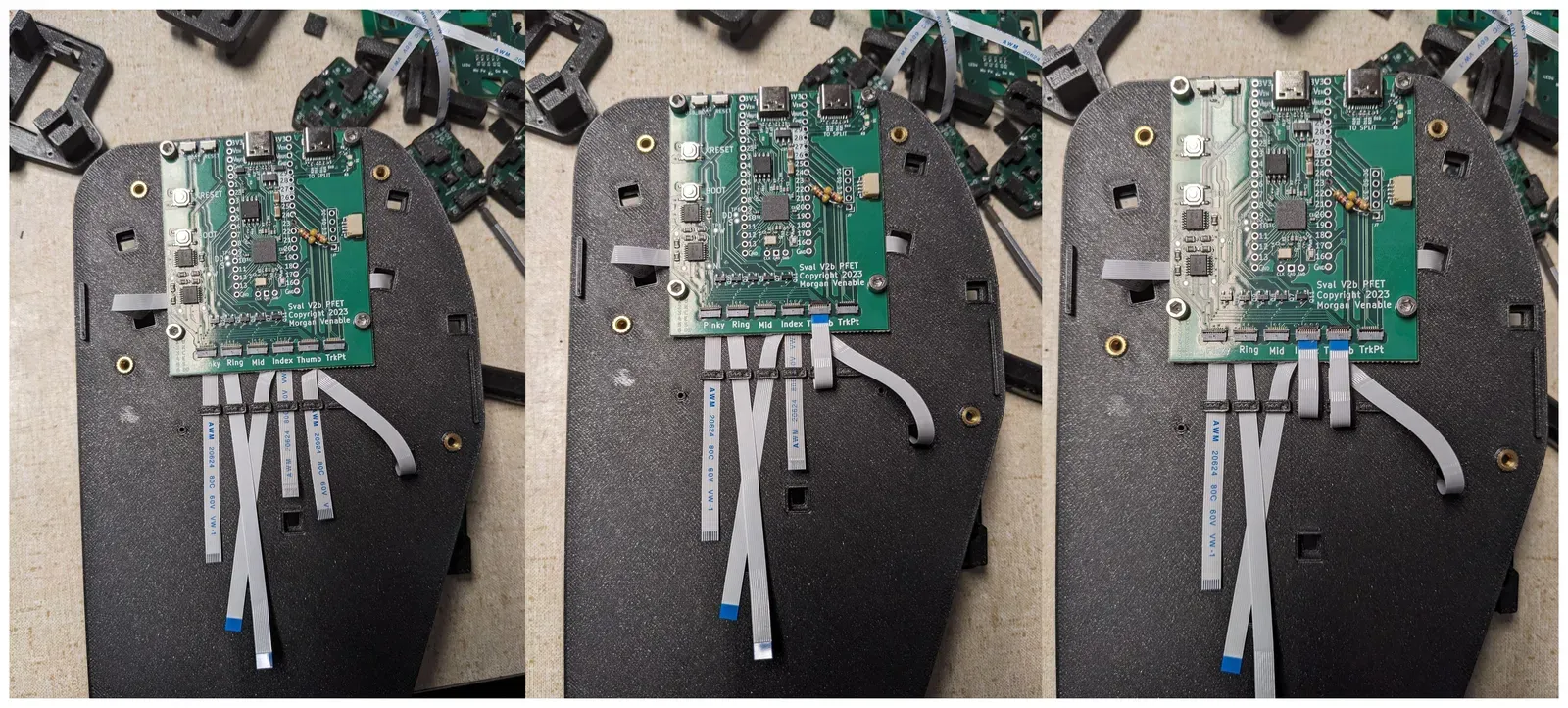 Three photos of an MCU on a base plate, with the cluster FFCs being connected to its connectors.