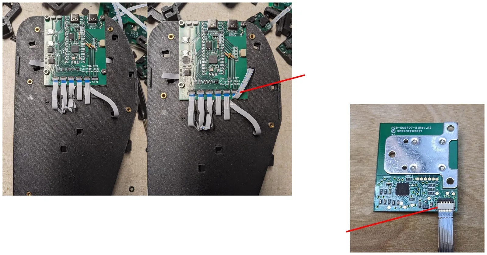 Left: two photos of an MCU with all FFCs connected. A red line points to the pointing device cable. Right: a TrackPoint PCBA with its FFC, contacts up.