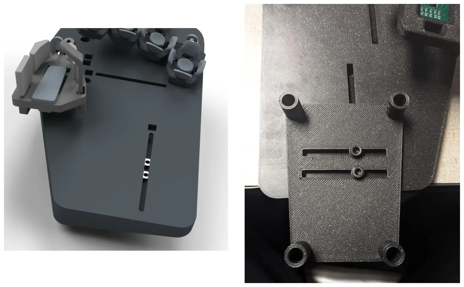 Left: a render of the base plate with the palm rest slot. Right: a carrier screwed to a base plate through its two slots.