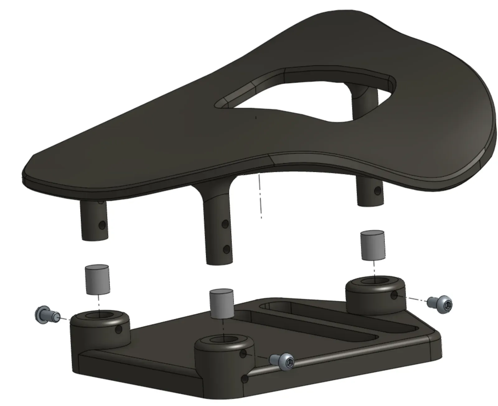 Exploded view of a tripod palm rest: three legs, a shim for each leg, and the carrier with its set screws.