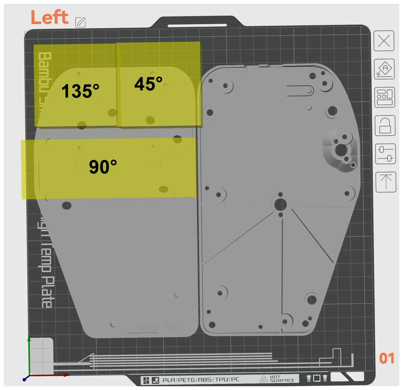 Slicer view of the left case and base plate, with bridging modifiers at 135°, 45° and 90° over the slot areas.