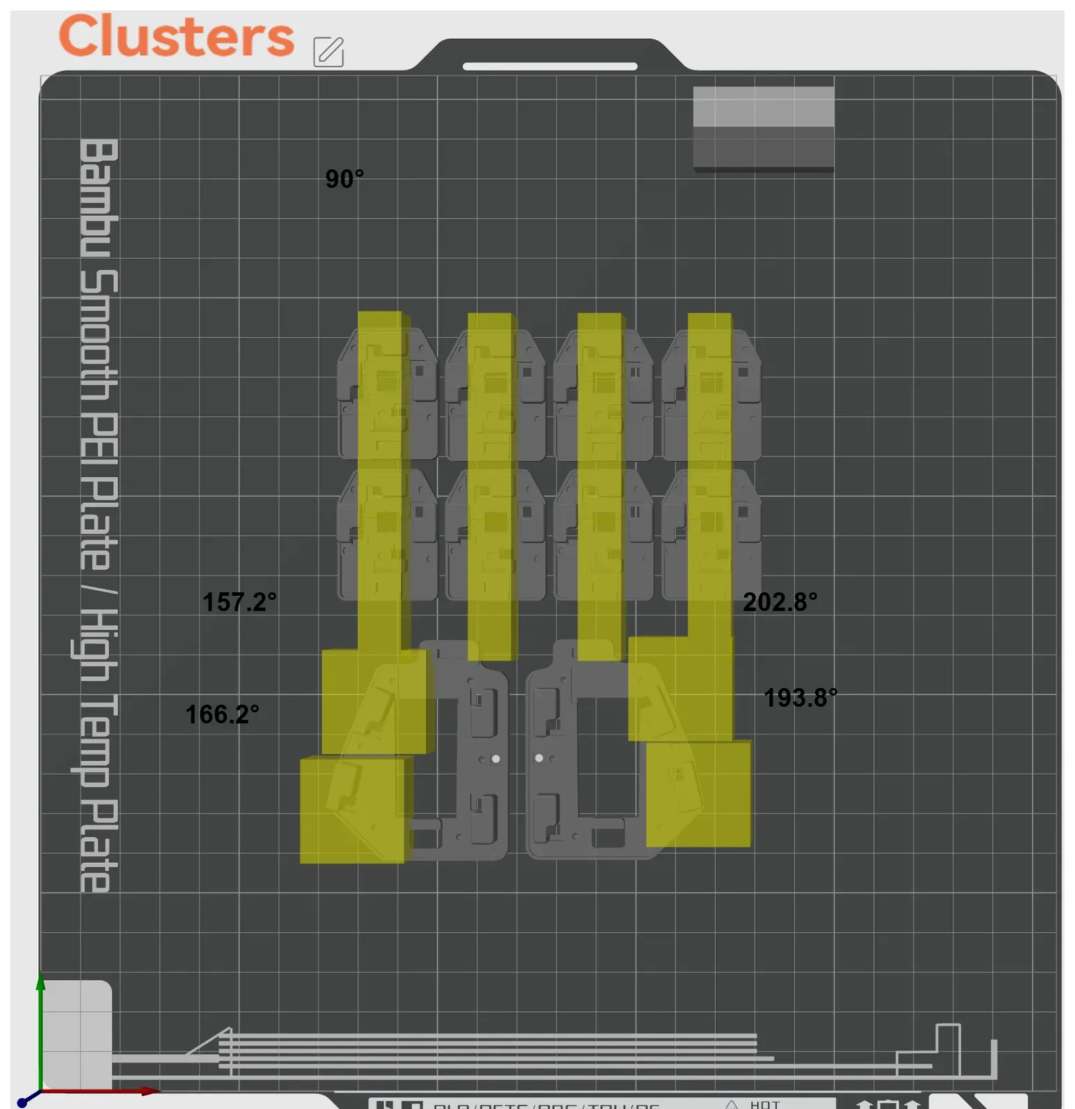 Slicer view of the cluster plate. Yellow bridging modifiers on the clusters are set to 90°, 157.2°, 166.2°, 193.8° and 202.8°.