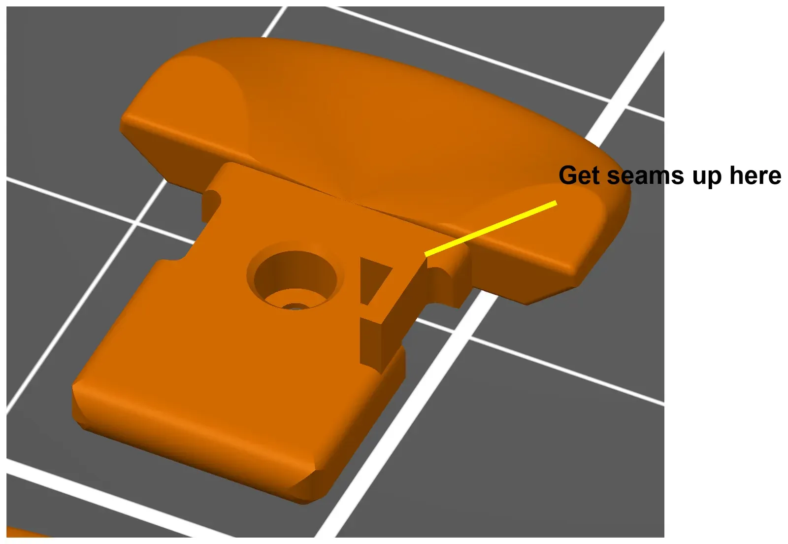 Slicer view of a side key. A line points to the top corner of the flag, where the seams should go.