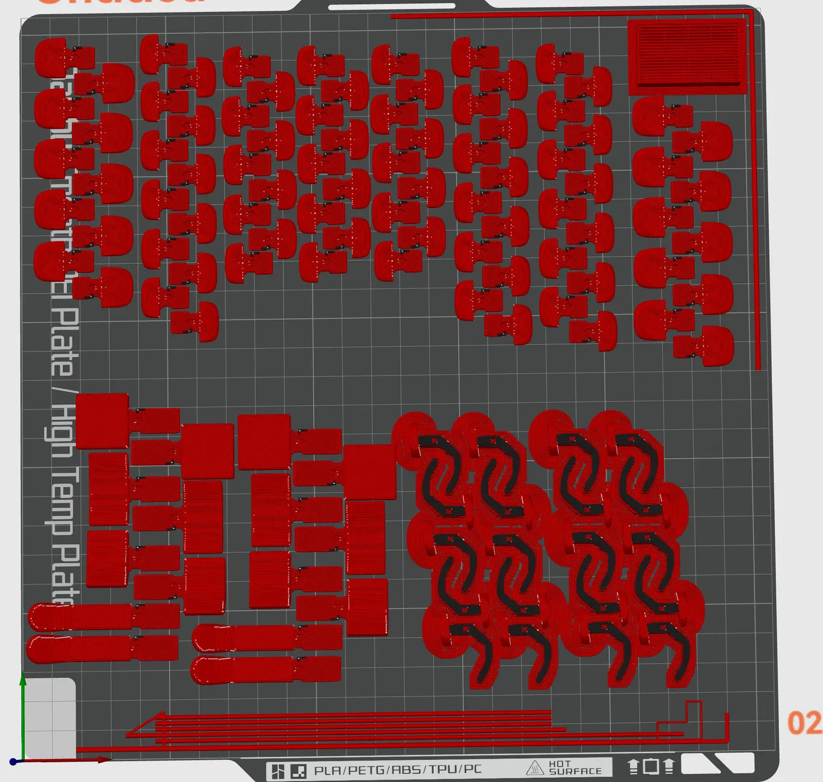 Slicer view of a full build plate with two sets of keys, all except the thumb Down keys.