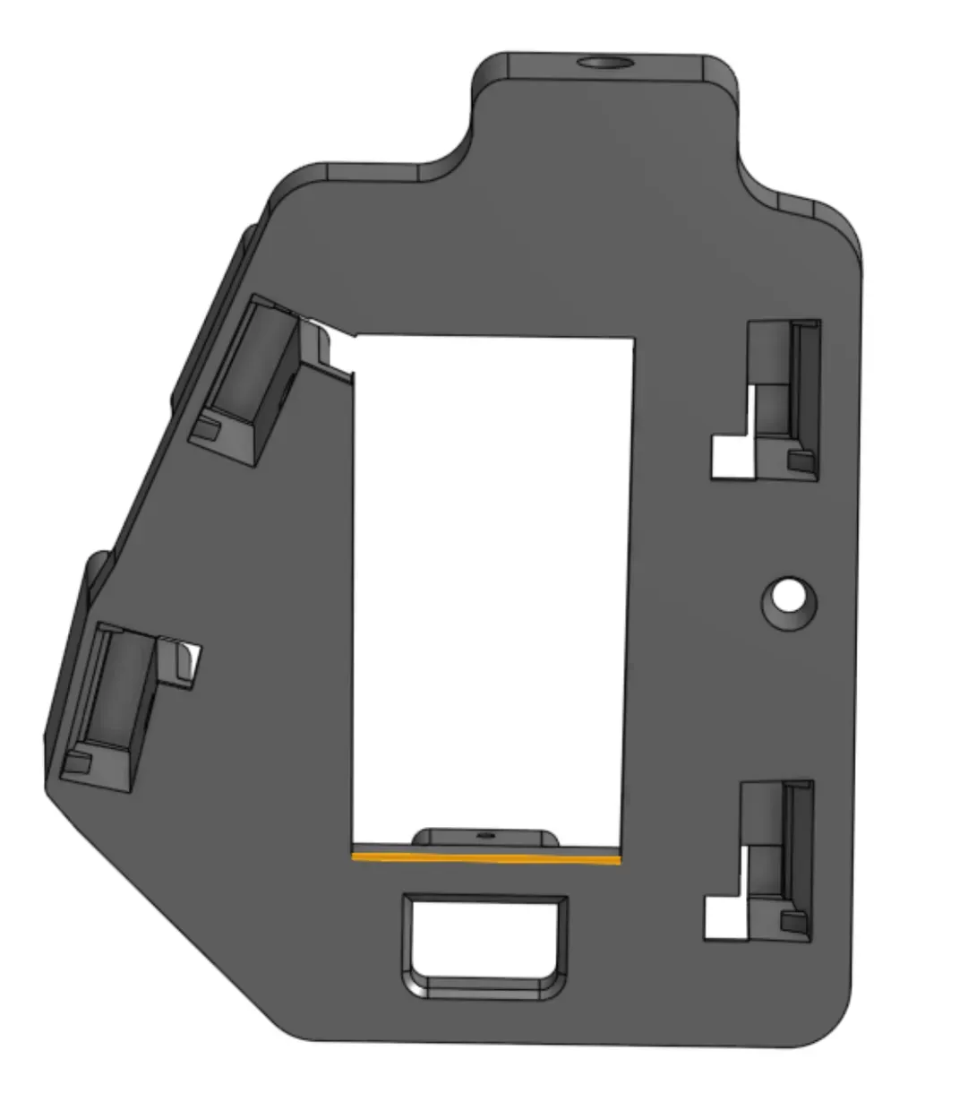 Thumb cluster body seen from below, with the critical edge of the Down key opening marked in orange.