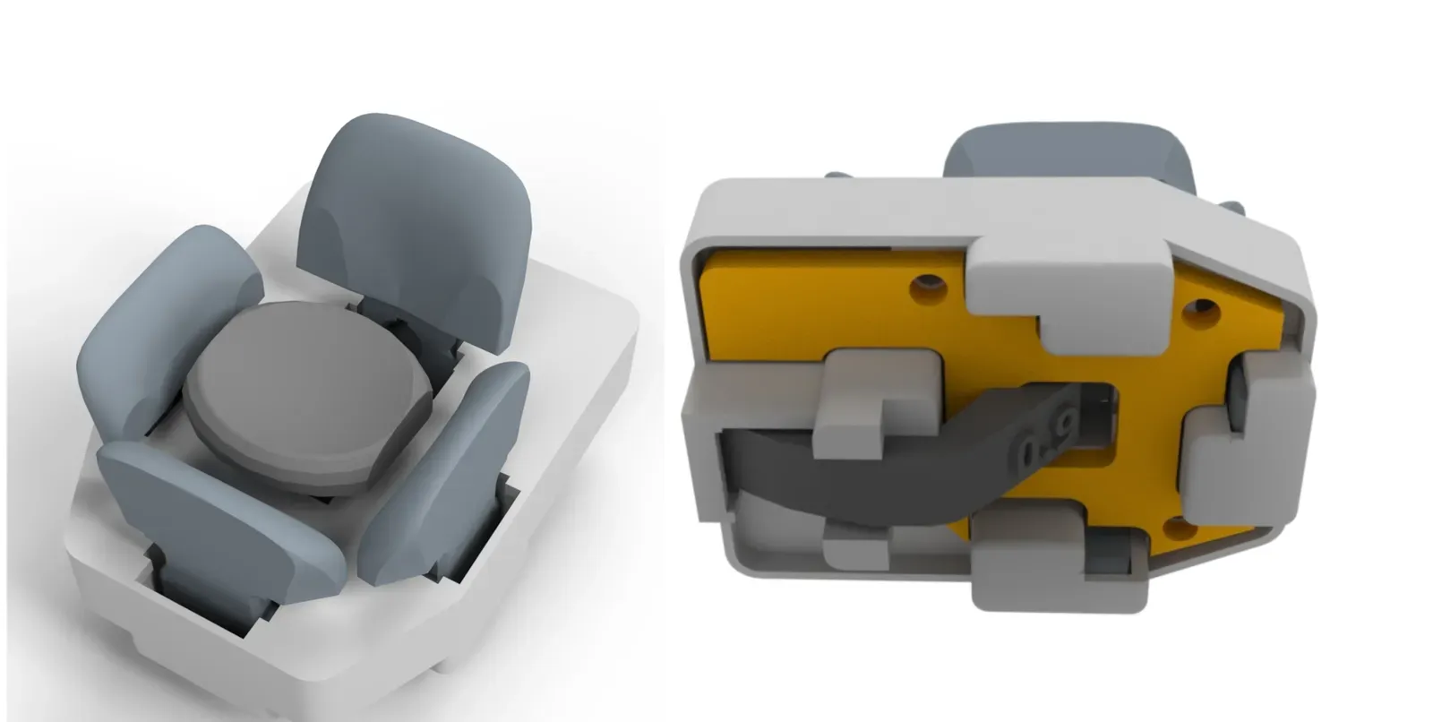 Tipping center key design: the key in a finger cluster, and the cluster seen from below with the key arm marked 0.9.