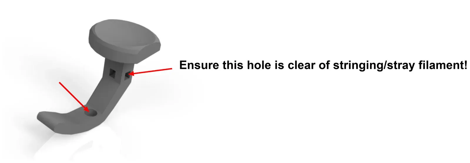 A tipping center key. Arrows point to the magnet hole and to a hole that must be clear of stringing.
