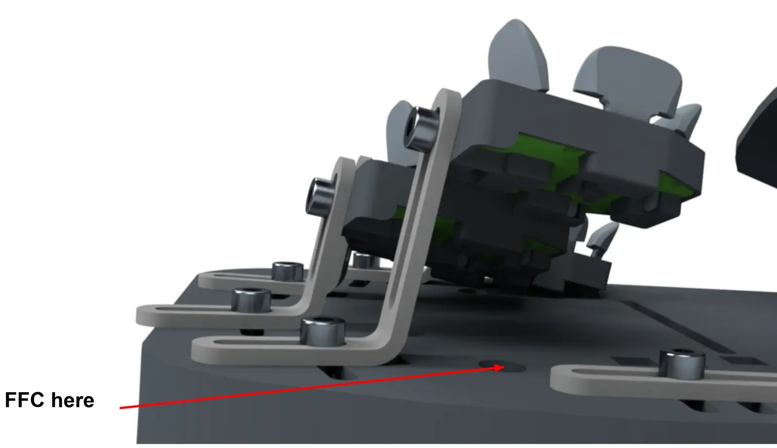 Towers and clusters on a base plate. A line points to where a cluster’s FFC passes through the base plate.