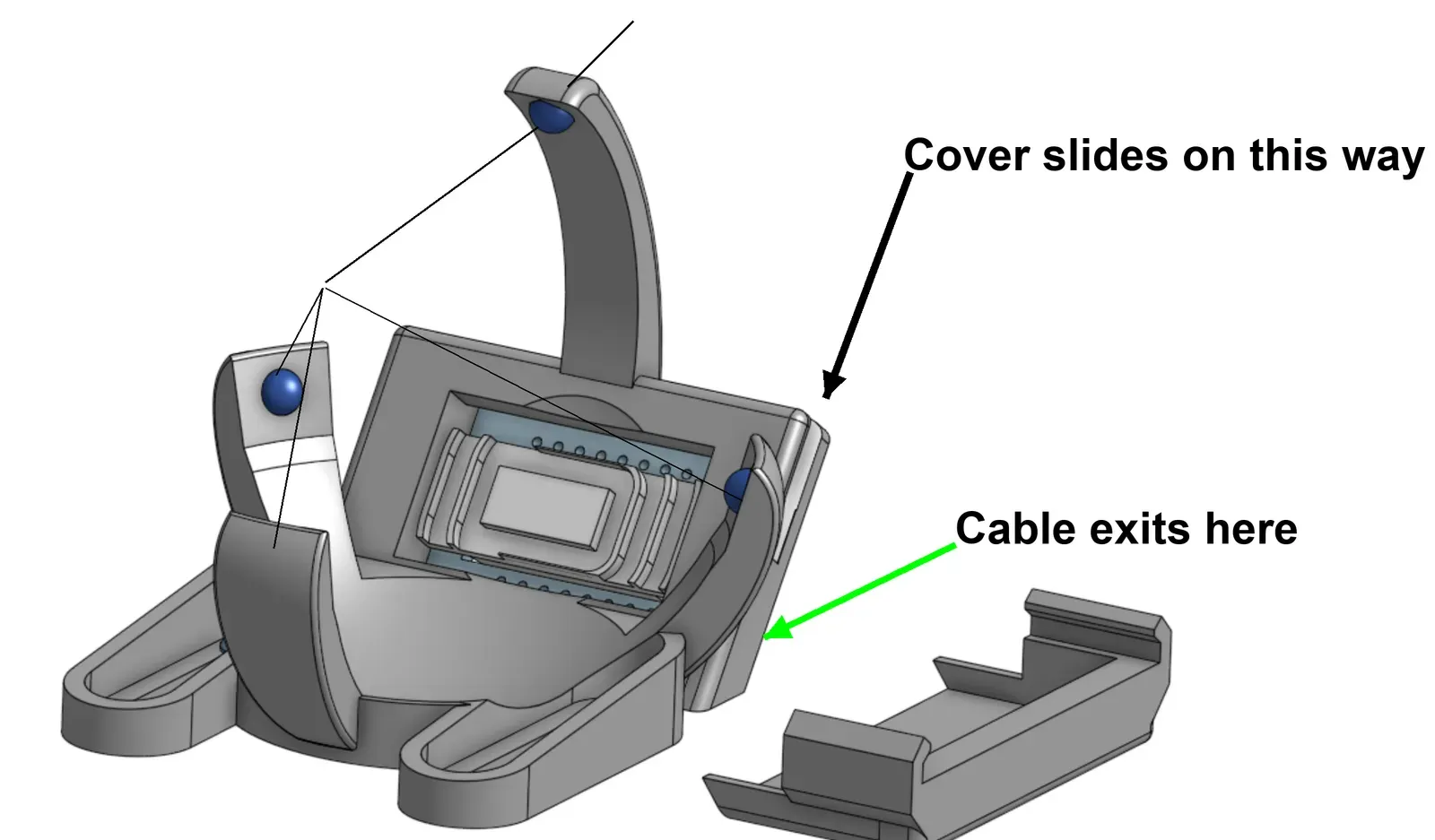 The trackball holder, with the bearing balls in place. Labels show the direction the cover slides on and where the cable exits.